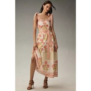 NWD Sue Sartor Tie-Shoulder Maxi Dress Size LP Petite Orange/Ivory #7E460